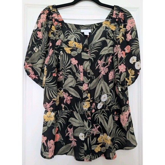 Liz Claiborne Black Floral Top Square Neck Button Up Short Puff Sleeve Sz Large - Picture 1 of 9